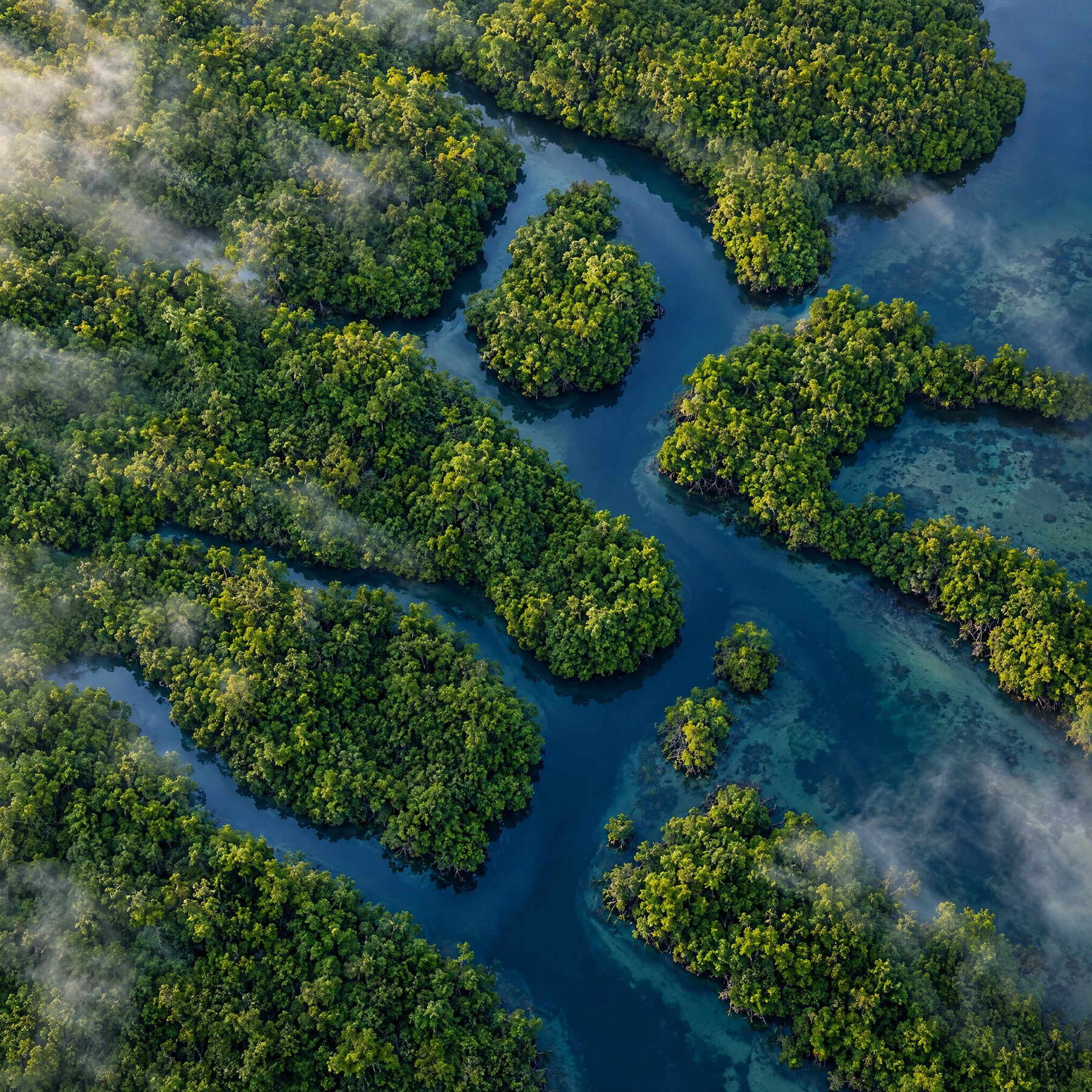 Vue aérienne d'une mangrove traversée par des chenaux d'eau