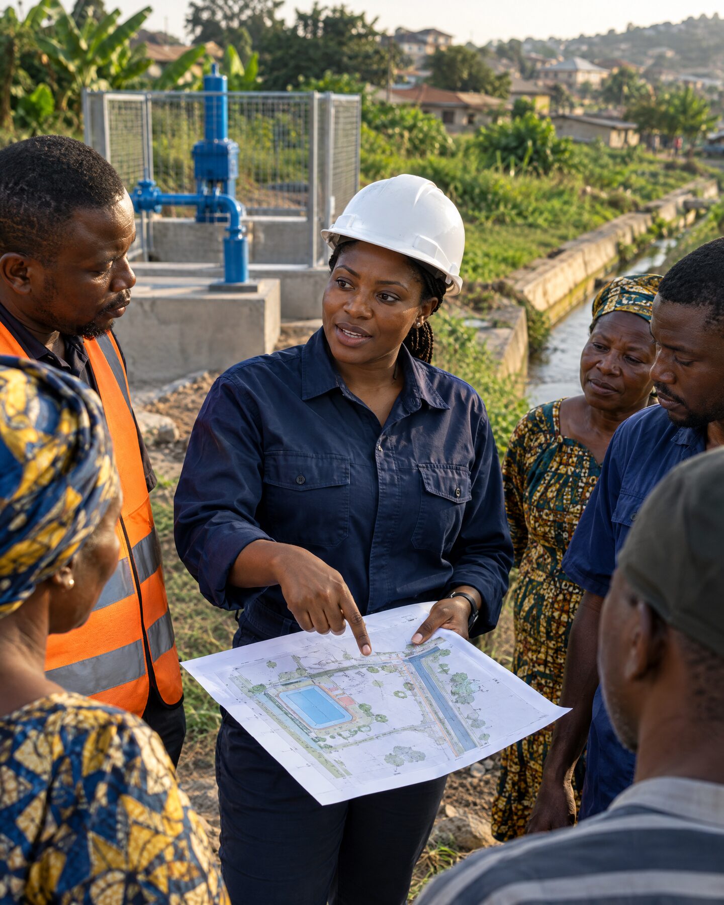 Une ingénieure forme des techniciens sur un chantier